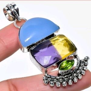 New Chalcedony, Amertine & Peridot 925 Silver Pendant.